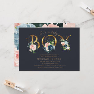midnight floral gold script baby shower invitation