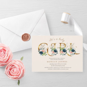midnight floral gold script baby shower invitation