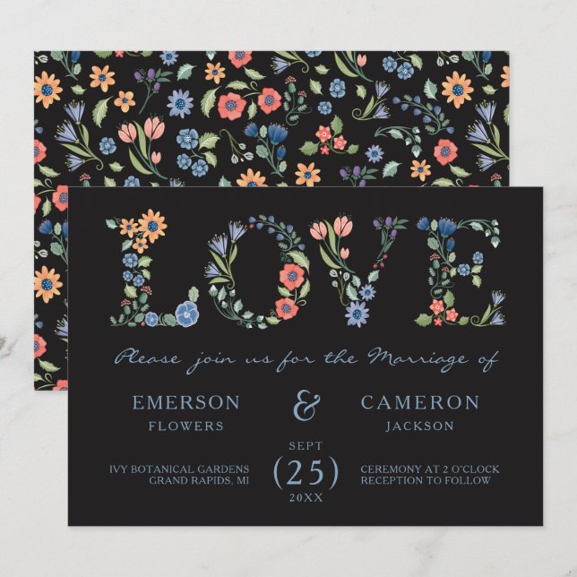 Midnight Floral LOVE Wedding Invitation (Front/Back)