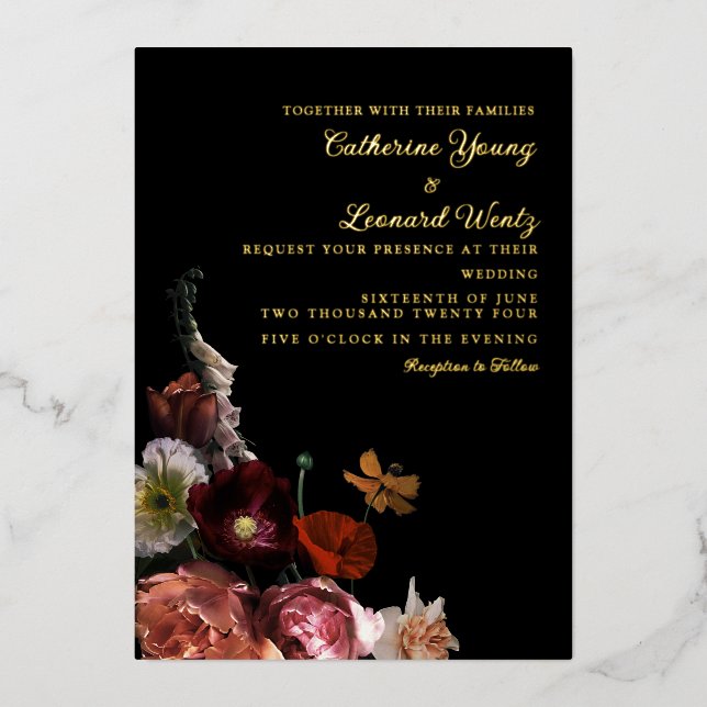 Midnight Floral Wedding Foil Invitation (Front)