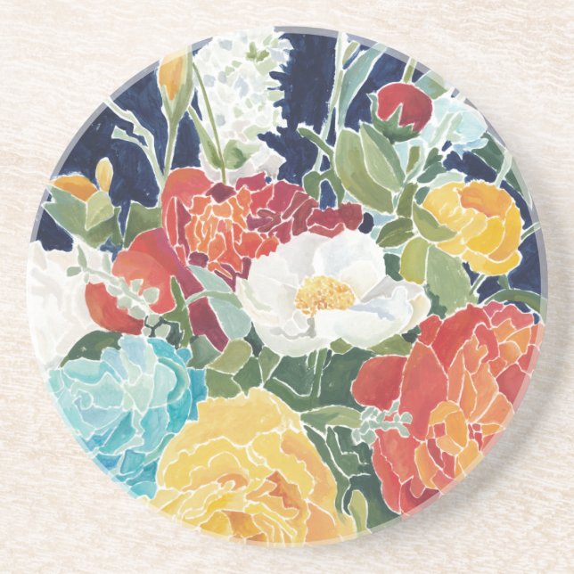 Midnight Florals I Sandstone Coaster (Front)