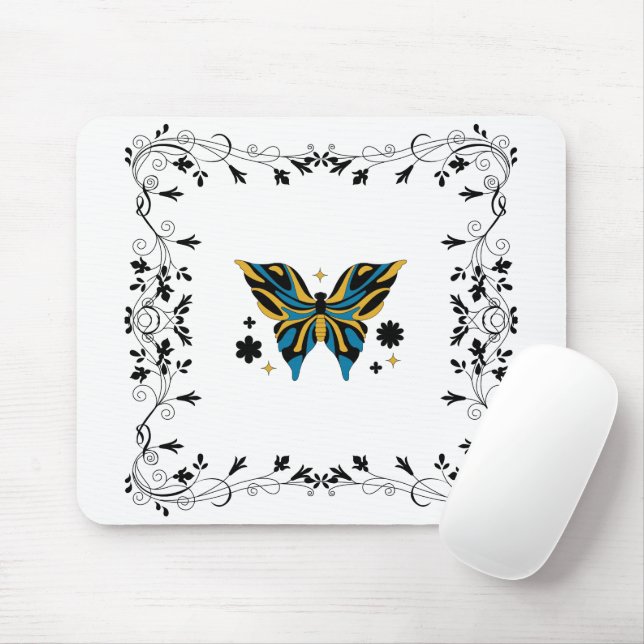 Midnight Flutter – Dark Floral Butterfly Design Mouse Pad (With Mouse)