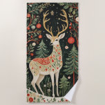Midnight Forest Christmas Deer Beach Towel<br><div class="desc">A silhouette of a majestic Christmas deer emerges from the darkness, its form adorned with intricate patterns that seem to shimmer against the black backdrop. Enchanting decorated trees rise around the deer, their branches laden with ornaments that twinkle like distant stars. Did you know that reindeer are the only deer...</div>
