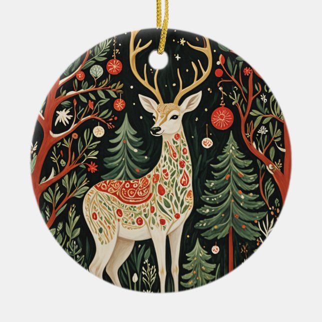 Midnight Forest Christmas Deer Ceramic Ornament (Front)