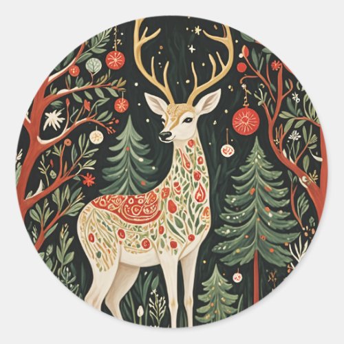 Midnight Forest Christmas Deer Classic Round Sticker