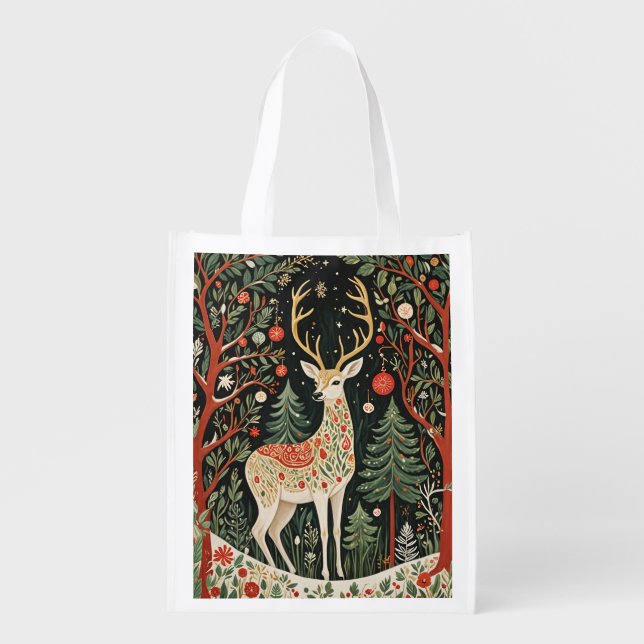 Midnight Forest Christmas Deer Grocery Bag (Front)