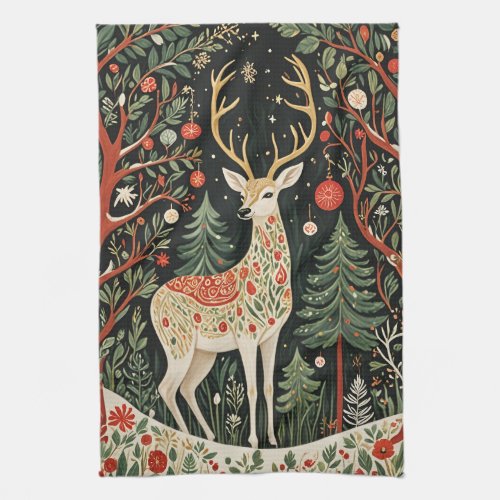 Midnight Forest Christmas Deer Kitchen Towel