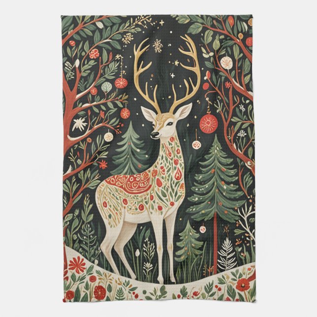 Midnight Forest Christmas Deer Kitchen Towel (Vertical)