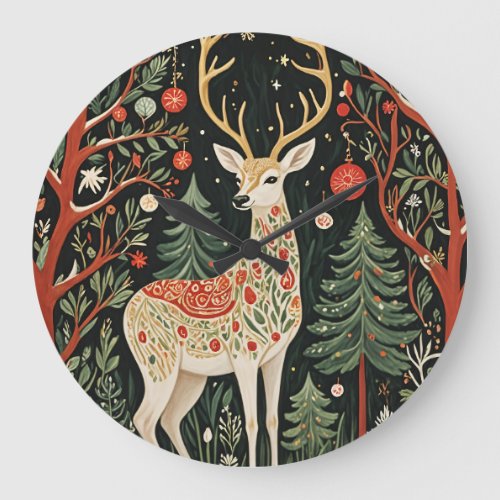 Midnight Forest Christmas Deer Large Clock