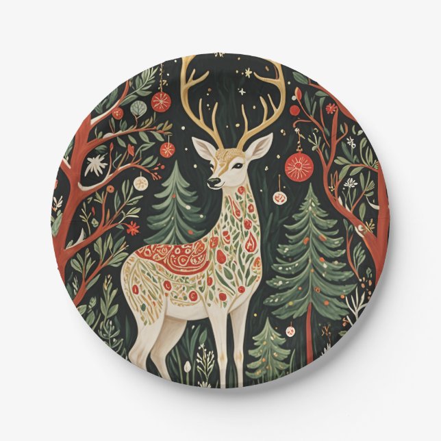 Midnight Forest Christmas Deer Paper Plates (Front)