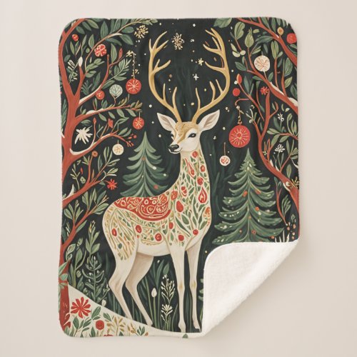 Midnight Forest Christmas Deer Sherpa Blanket