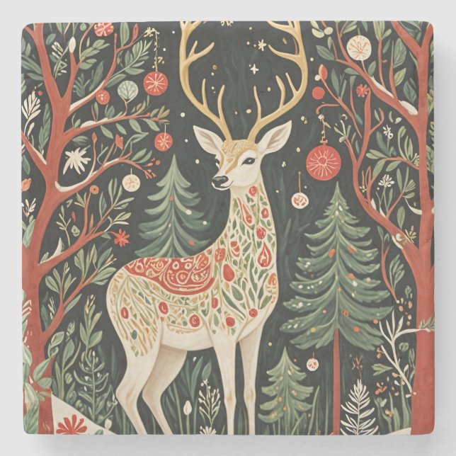Midnight Forest Christmas Deer Stone Coaster (Front)