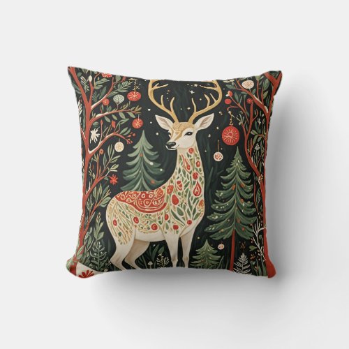 Midnight Forest Christmas Deer Throw Pillow