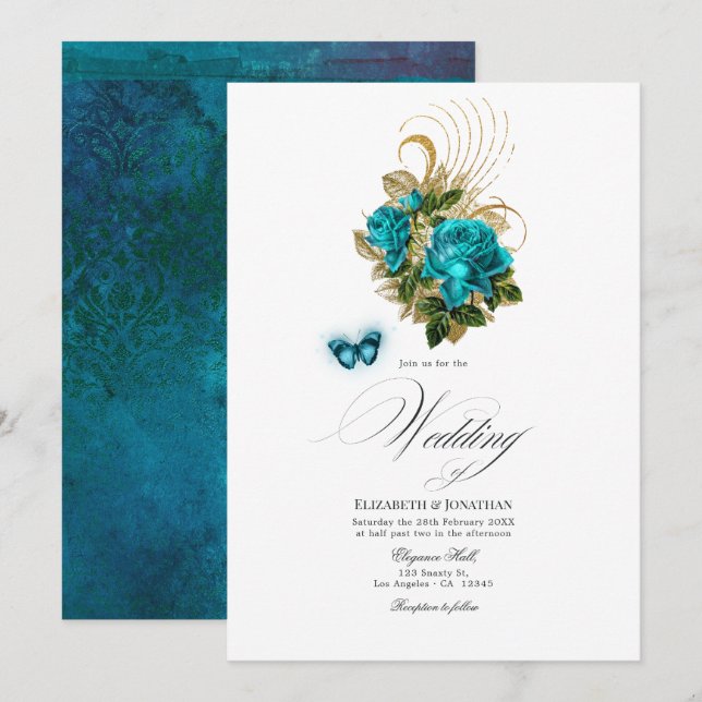 Midnight Forest Fantasy Turquoise and Gold Wedding Invitation (Front/Back)
