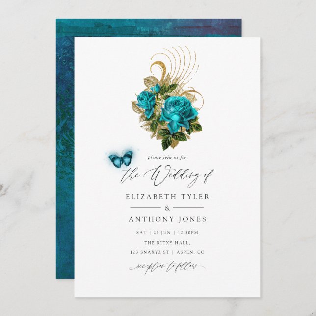 Midnight Forest Fantasy Turquoise and Gold Wedding Invitation (Front/Back)