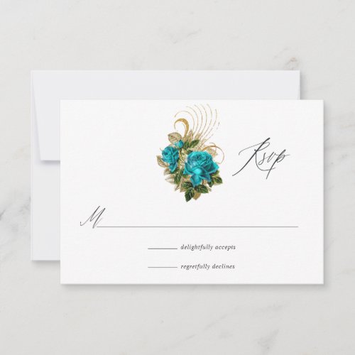 Midnight Forest Fantasy Turquoise and Gold Wedding RSVP Card
