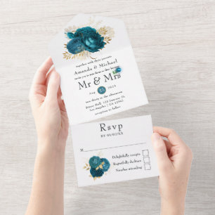 Midnight Forest Turquoise and Gold Wedding All In One Invitation