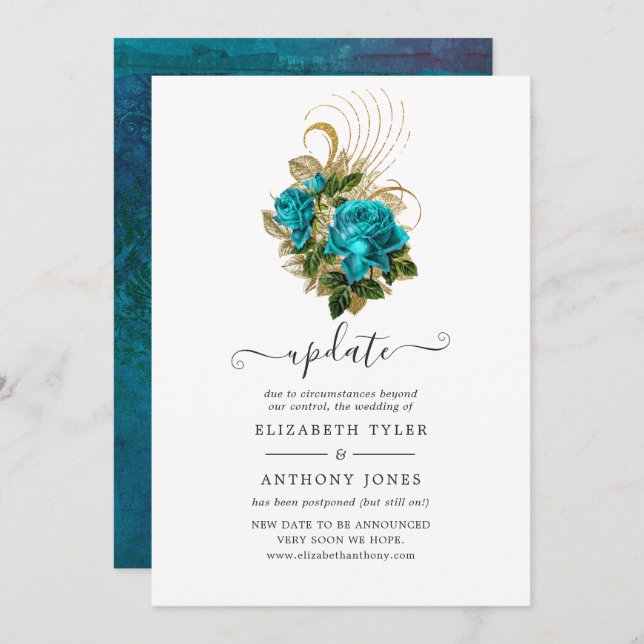 Midnight Forest Turquoise and Gold Wedding Update Invitation (Front/Back)
