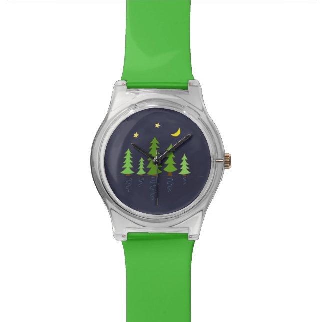 Midnight Forest with Trees Stars and Moon Wrist Watch (Close Up)