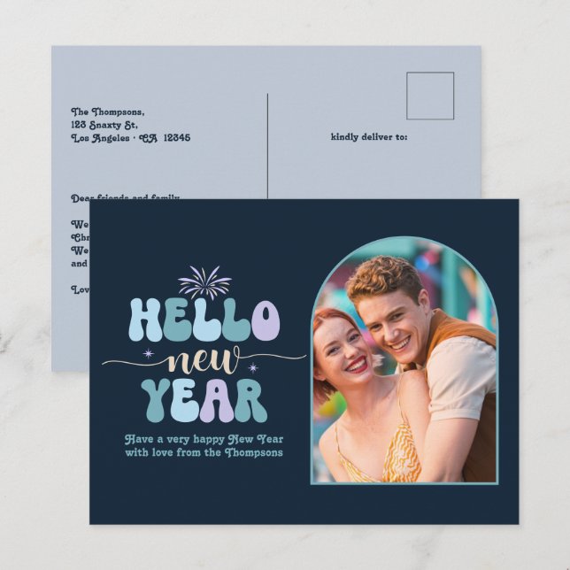 Midnight Frost New Year Retro Modern Blue Photo Holiday Postcard (Front/Back)