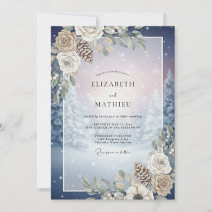 Midnight Frosted Pinecone Eucalyptus Wedding Invitation