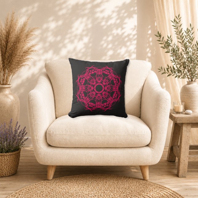 Midnight Fuchsia Mandala Throw Pillow (Creator Uploaded)