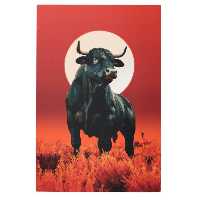 Midnight Fury – Majestic Black Bull Under Crimson Metal Print (Front)