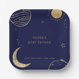 Midnight Galaxy Moon Star Boy Baby Shower  Paper Plates