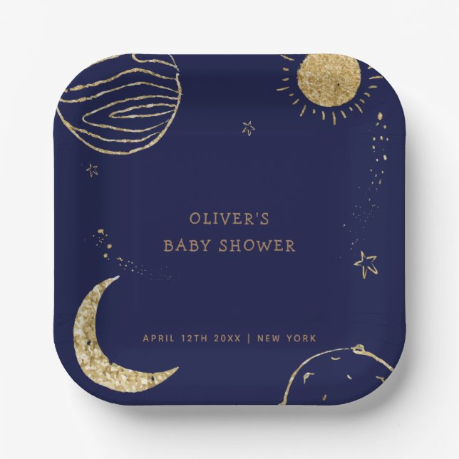 Midnight Galaxy Moon Star Boy Baby Shower  Paper Plates (Front)