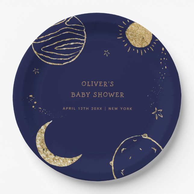 Midnight Galaxy Outer Space Boy Baby Shower  Paper Plates (Front)