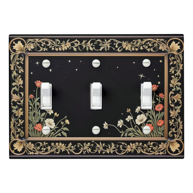Midnight Garden Black Triple Toggle Light Switch Cover (In Situ)
