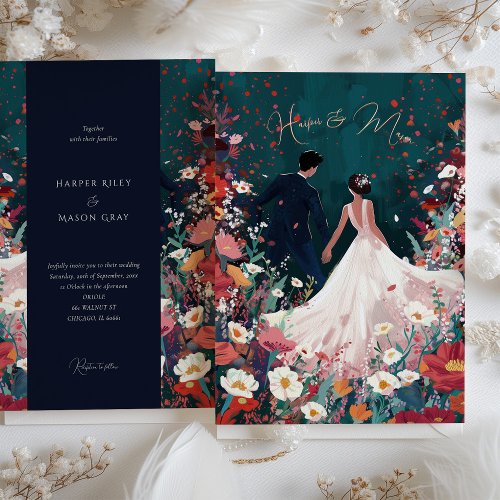Midnight Garden _ Chic Teal  Coral Wedding Invitation