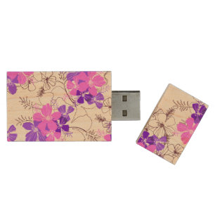 Midnight Garden Hawaiian Floral Surfboard Wood Flash Drive