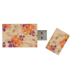 Midnight Garden Hawaiian Floral Surfboard Wood Flash Drive