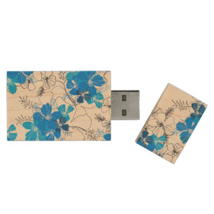 Midnight Garden Hawaiian Floral Surfboard Wood USB Flash Drive