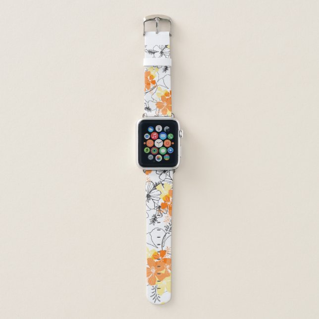 Midnight Garden Hawaiian Hibiscus Floral Papaya Apple Watch Band (Front)