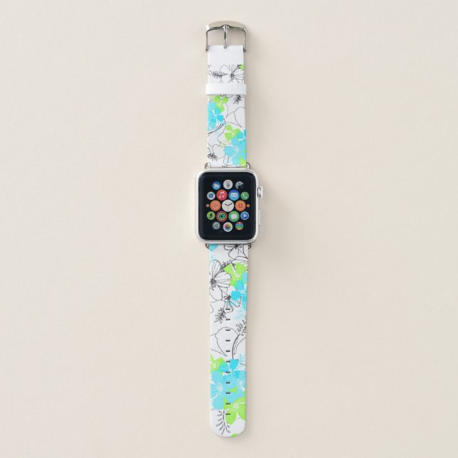 Midnight Garden Hawaiian Hibiscus Floral Turquoise Apple Watch Band (Front)