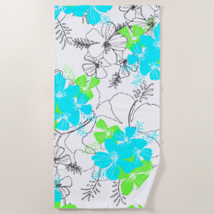 Midnight Garden Hawaiian Hibiscus Floral Turquoise Beach Towel