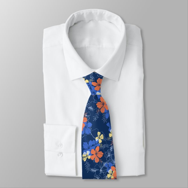 Midnight Garden Hibiscus Floral Two-sided Printed Neck Tie (Tied)