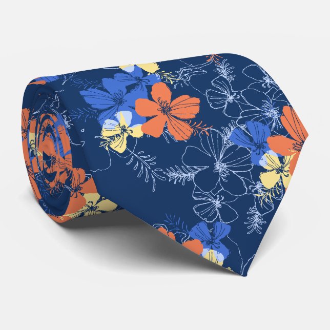 Midnight Garden Hibiscus Floral Two-sided Printed Neck Tie (Rolled)