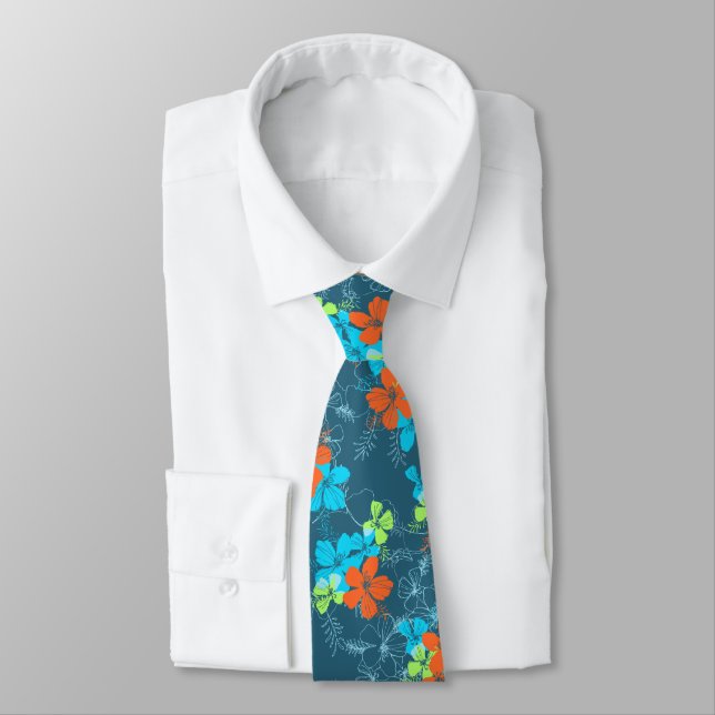 Midnight Garden Hibiscus Floral Two-sided Printed Neck Tie (Tied)