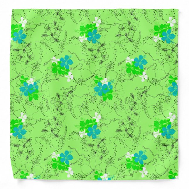 Midnight Garden Hibiscus Hawaiian Pen and Ink Bandana (Front)