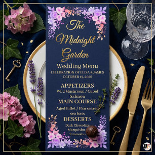Midnight Garden Navy Blue and Gold Script Wedding Menu