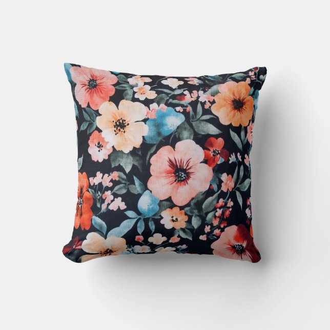 Midnight Garden Symphony Print | Bold Floral Art | Throw Pillow (Front)