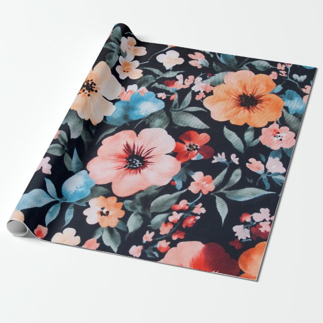 Midnight Garden Symphony Print | Bold Floral Art Wrapping Paper (Unrolled)