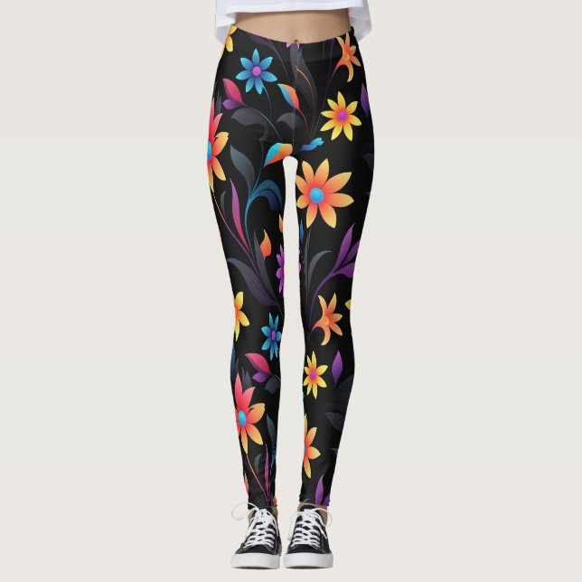 Midnight Garden: Vibrant Floral Fantasy Leggings (Front)