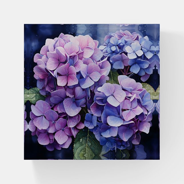 Midnight Garden Violet Hydrangea Watercolor Paperweight (Front)
