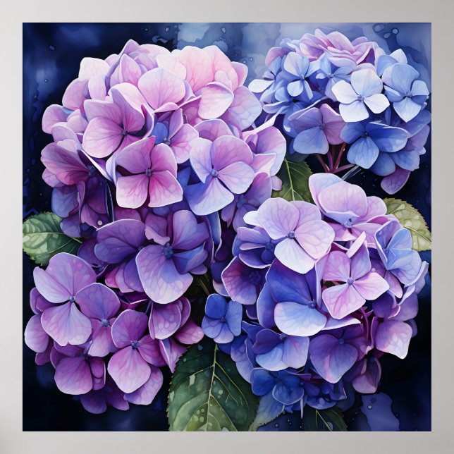 Midnight Garden Violet Hydrangea Watercolor Poster (Front)