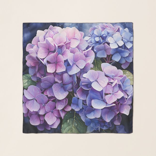 Midnight Garden Violet Hydrangea Watercolor Scarf (Front)