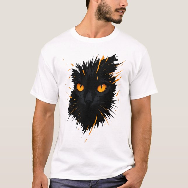 Midnight Gaze – Fiery-Eyed Black Cat Art T-Shirt (Front)